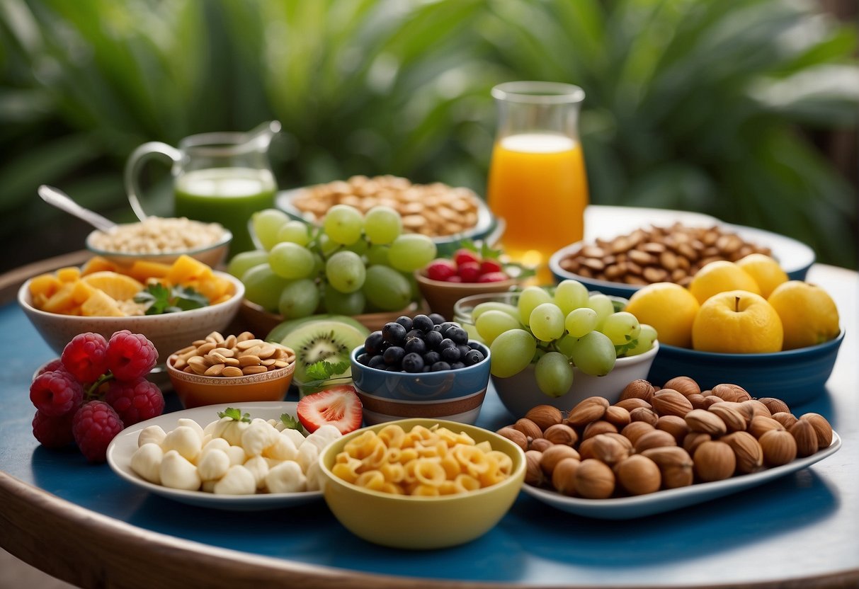 A table set with a variety of vegetarian snacks, including fresh fruits, nuts, and vegetable sticks, displayed on colorful platters and surrounded by decorative greenery