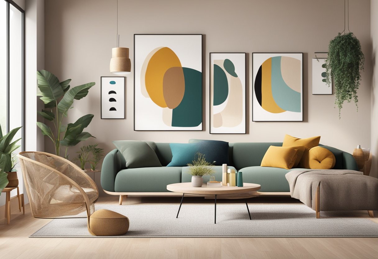 A modern living room with minimalist furniture, earthy tones, and pops of vibrant colors. Abstract art and geometric patterns adorn the walls, while natural materials like wood and stone add texture