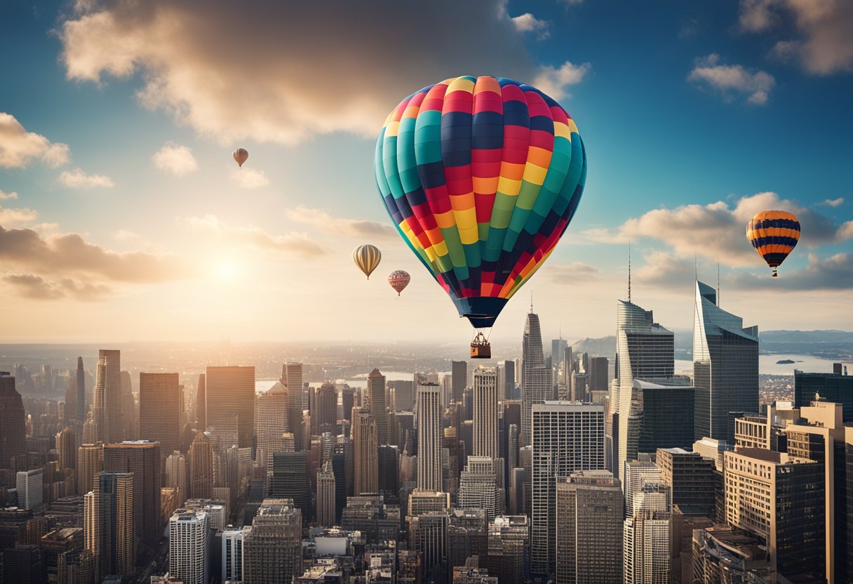 A colorful hot air balloon floats above a bustling city, with the business name and logo prominently displayed on the balloon. Bright banners and signs line the streets, drawing attention to the unique and creative ways the business promotes itself