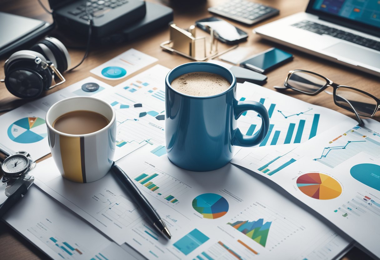 A graph with upward trend lines, surrounded by various marketing tools and technology icons