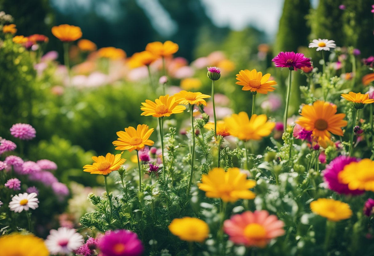 A vibrant garden with various flowers and plants, each representing a different aspect of brand awareness (e.g., social media, events, advertising). The garden is thriving and full of life, symbolizing the creative ways to promote a business