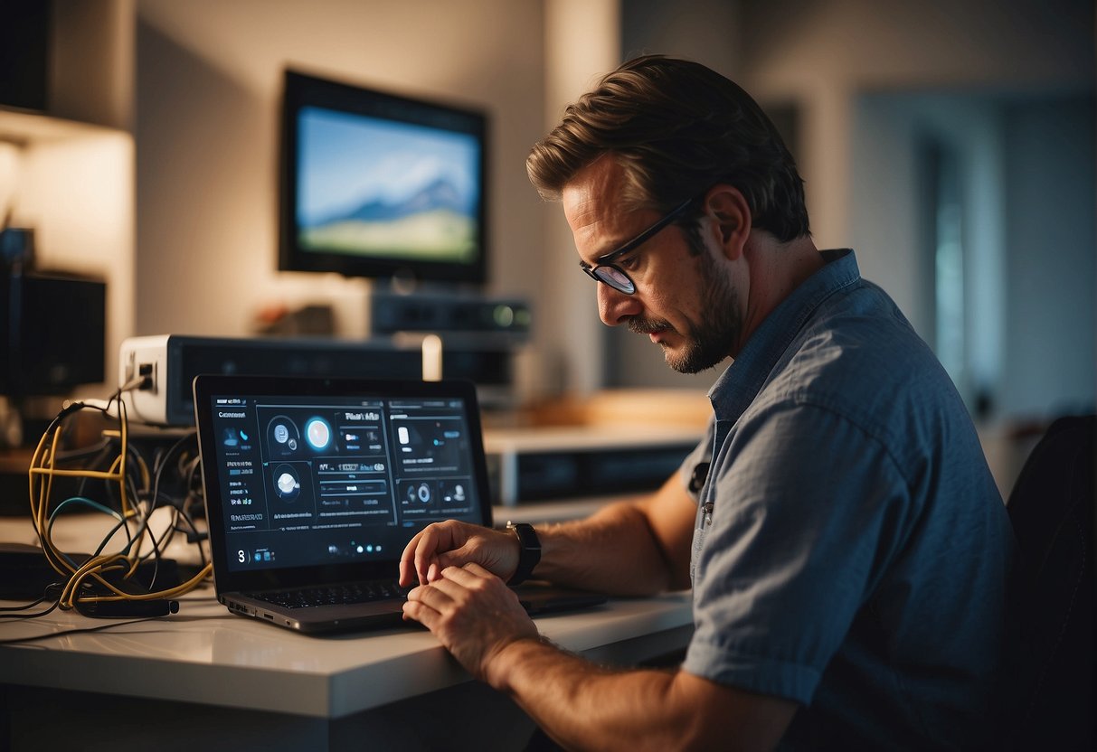 A technician installs smart home devices, connecting wires and configuring settings