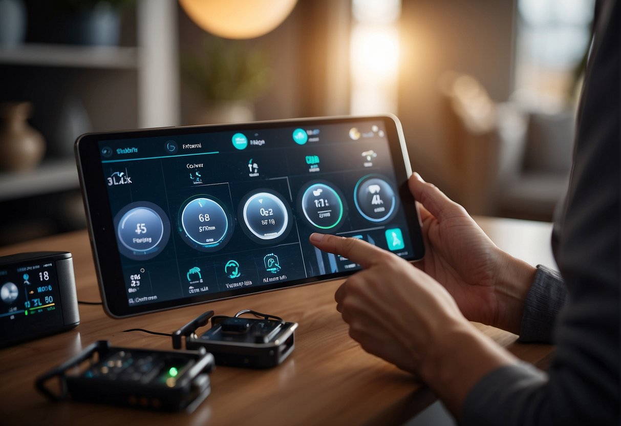 A person setting up smart home devices, placing sensors, connecting wires, and configuring the central hub