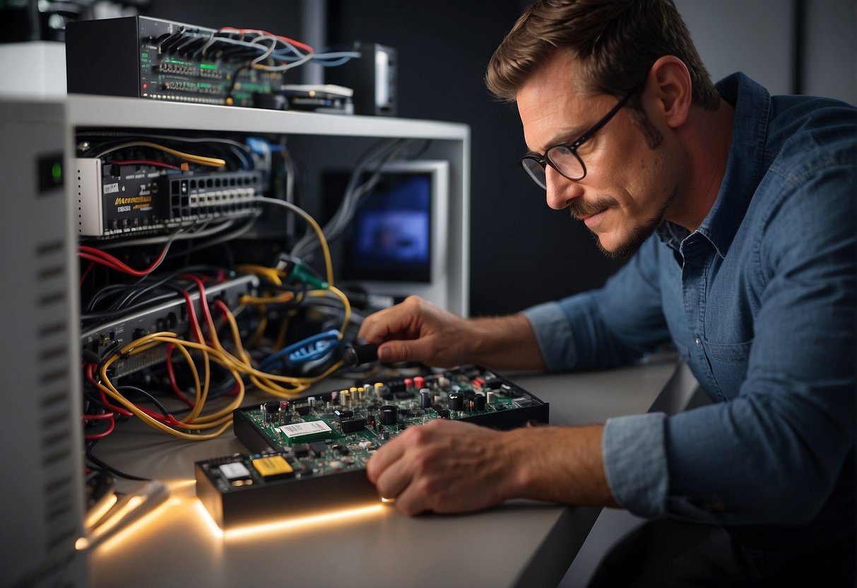 A technician installs smart home devices, connecting wires and configuring settings. Tools and equipment are scattered around the room