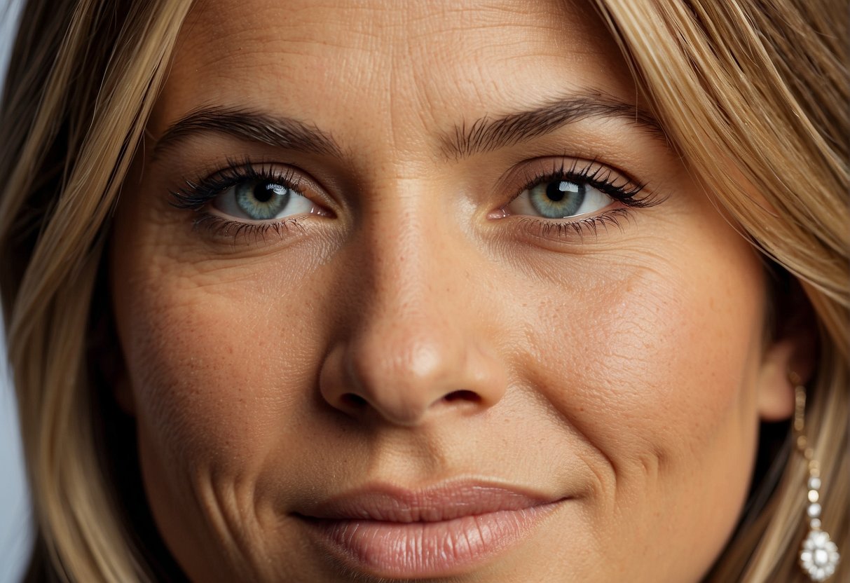 Jennifer Aniston's eye makeup exudes confidence and radiance, reflecting a healthy and wellness impact. The soft, natural tones enhance her eyes, creating a timeless and elegant look