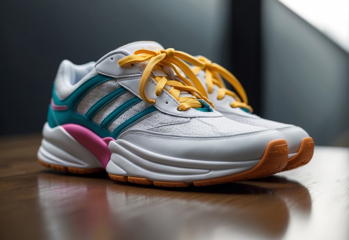 A pair of athletic shoes placed on a clean, white surface, with colorful laces and a sleek, modern design