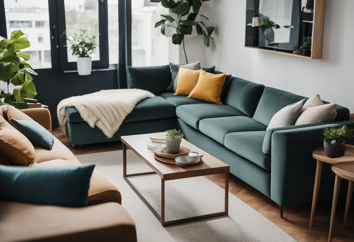 A decorator arranges throw pillows on an L-shaped sofa in a small living room for a cohesive look