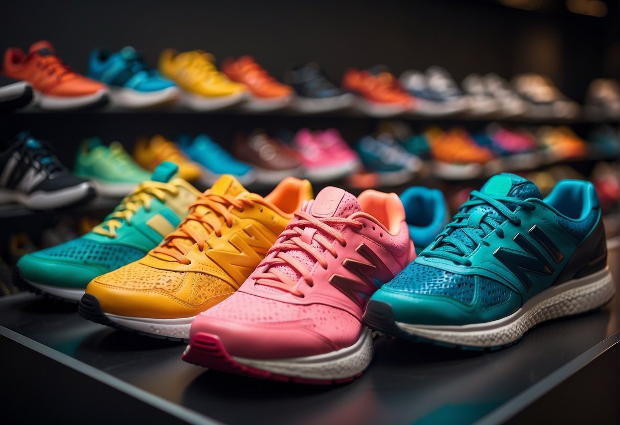Colorful athletic shoes arranged in a display, featuring top brands and models