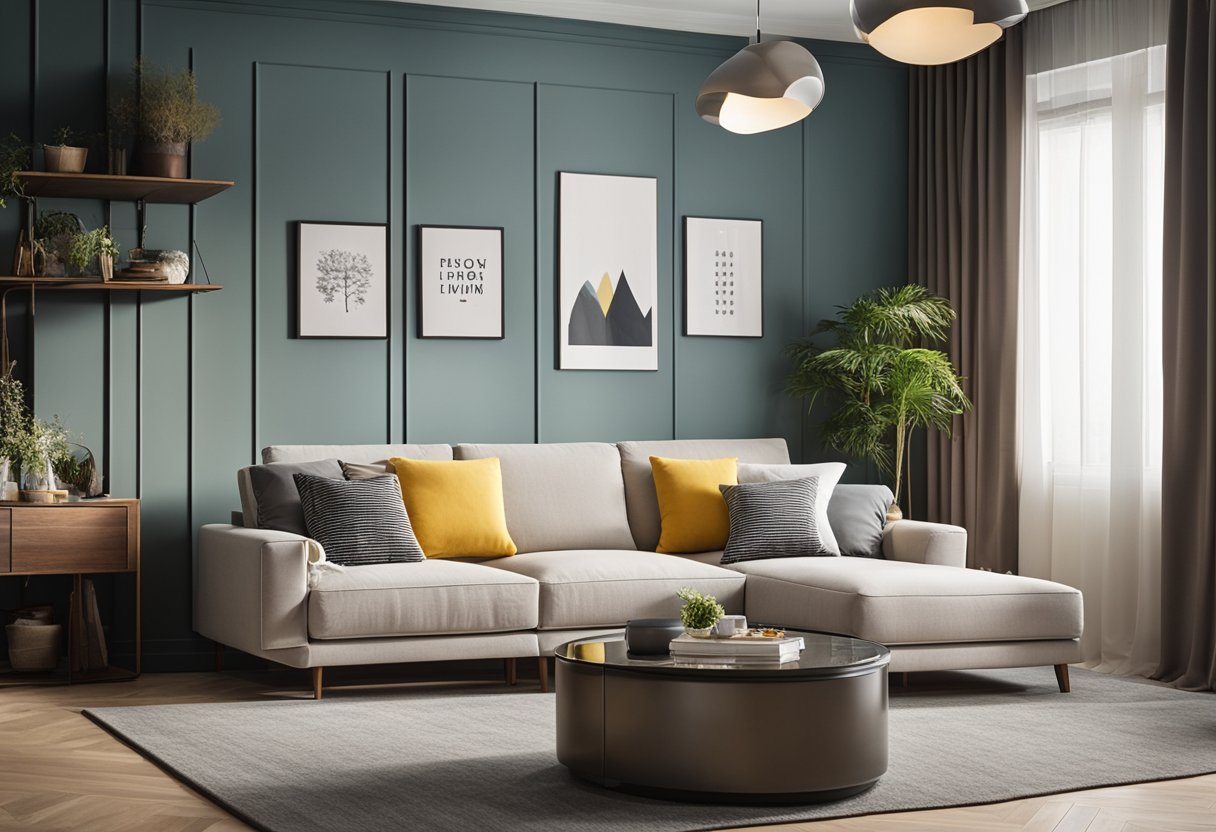 A small living room with an L-shaped sofa, surrounded by various design options