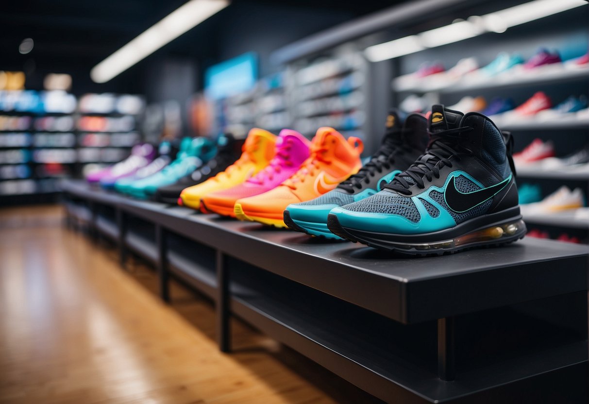 A colorful array of high-tech athletic shoes lines the shelves, showcasing the latest advancements in footwear design and technology