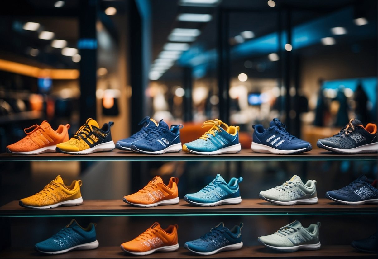 A display of vibrant athletic shoes in a modern store window, showcasing the latest trends and product news