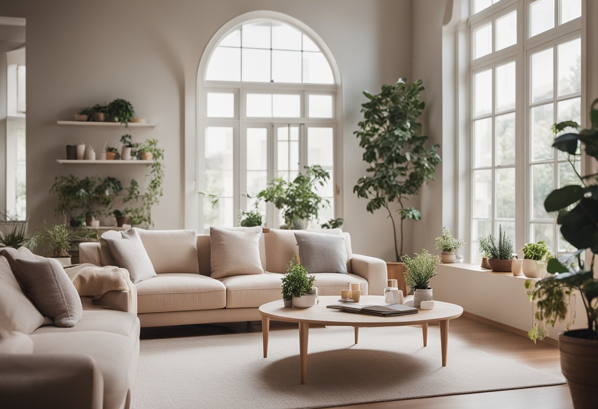 A spacious living room with natural light, pastel colors, and minimalistic furniture. Large windows, potted plants, and soft textiles create a serene and inviting atmosphere
