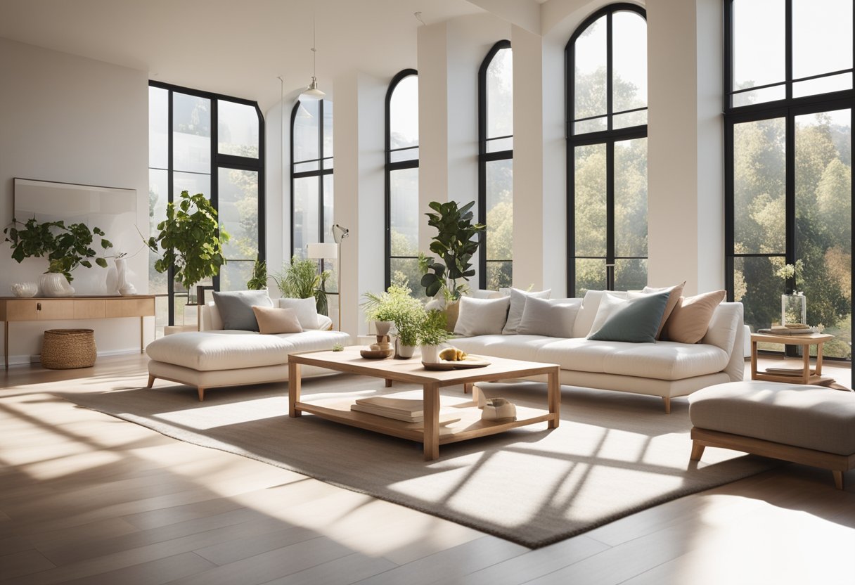 A bright, spacious living room with large windows, white furniture, and pastel accents. Sunlight streams in, casting soft shadows on the airy space