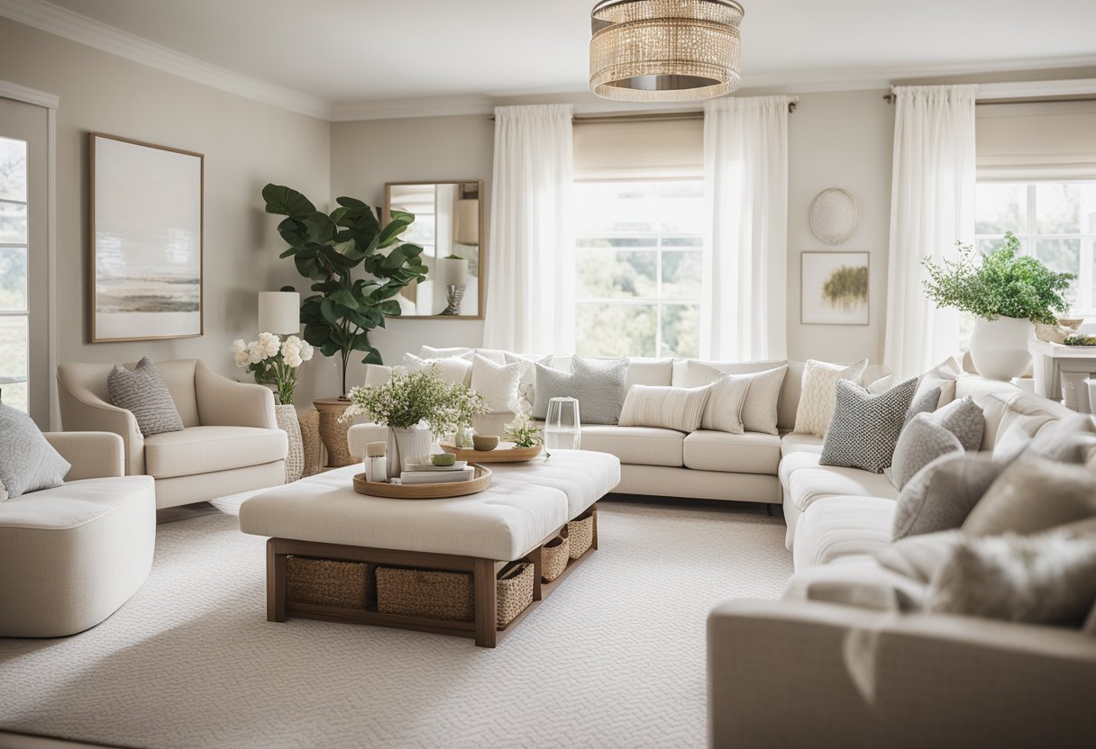 A light, airy living room with decorative elements and finishing touches. Soft, neutral colors, natural light, and elegant furniture create a welcoming space