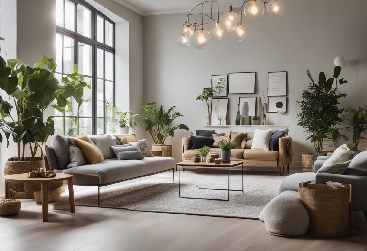 A bright, spacious living room with modern furniture and large windows. A cozy rug and potted plants add warmth to the room
