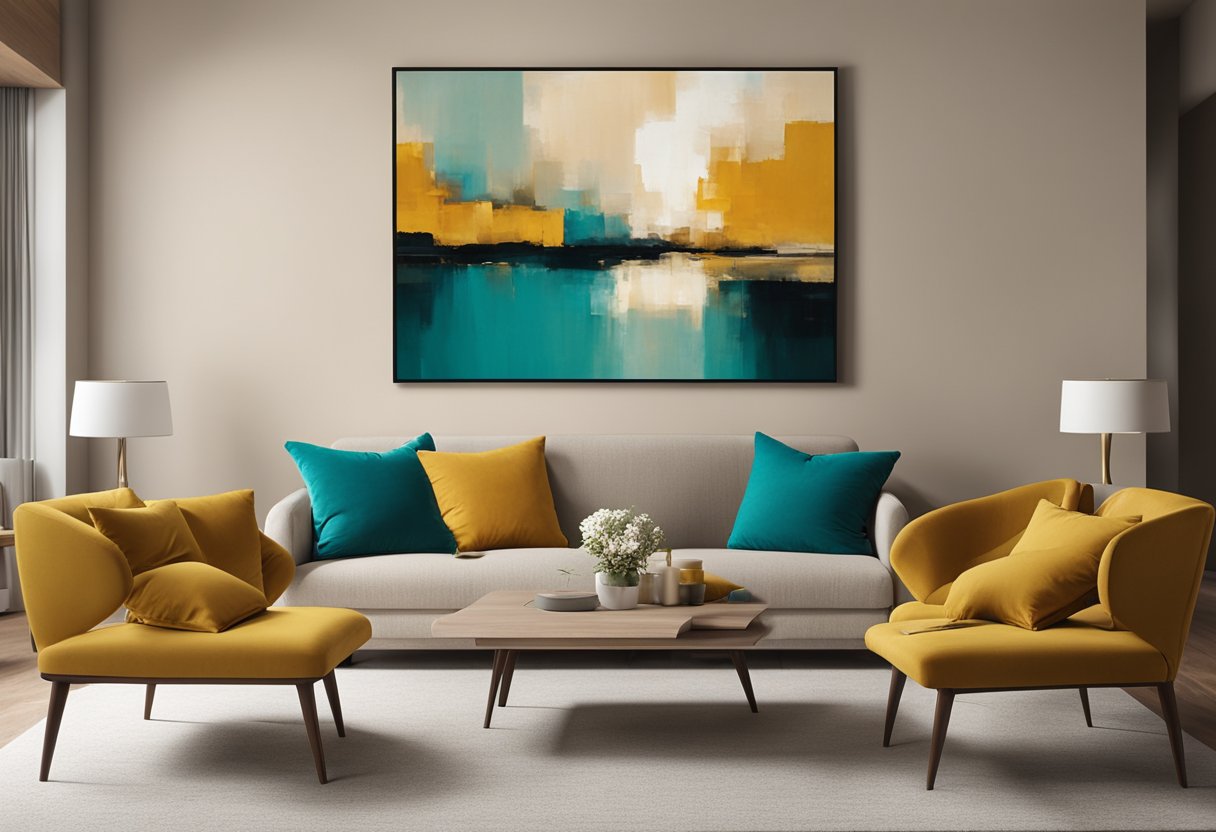 A cozy living room with warm beige walls, accented with vibrant teal and mustard yellow throw pillows on a neutral-toned sofa. A large, abstract art piece hangs above the fireplace, adding a pop of color to the room