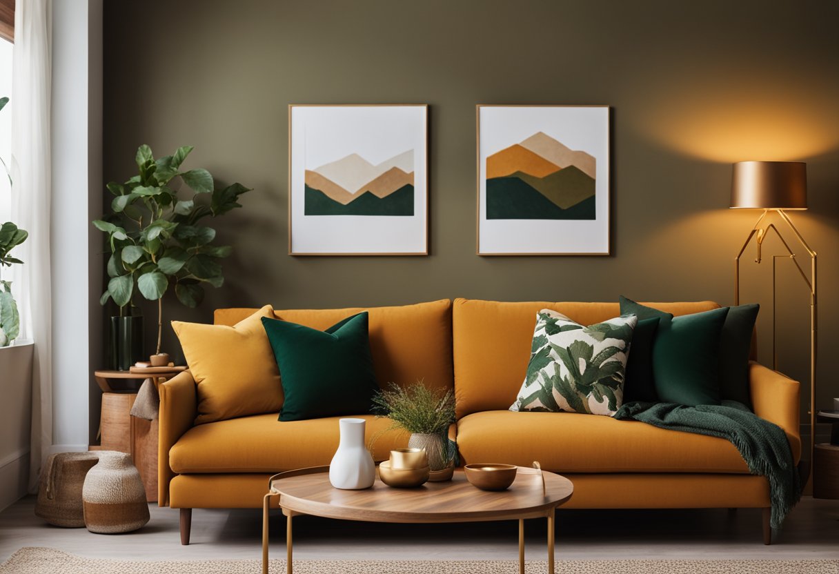 A cozy living room with warm, earthy tones, featuring a mix of mustard yellow, rich terracotta, and deep forest green accents. The main wall is a calming taupe, complemented by natural wood furnishings and pops of metallic gold
