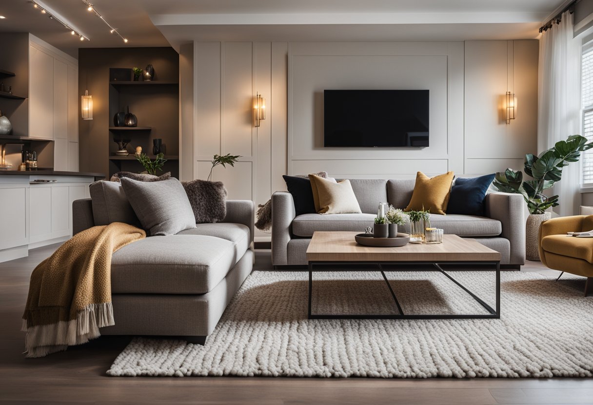 A cozy living room with neutral-toned furniture, accented by pops of color in the decor. A plush rug anchors the seating area, while warm lighting creates a welcoming ambiance