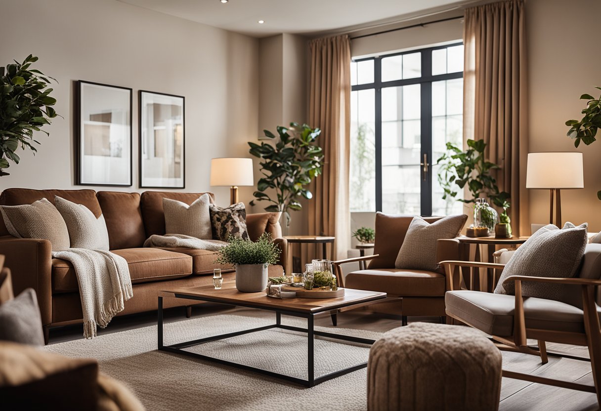 A cozy living room with warm, earthy tones. A comfortable sofa and chairs surround a coffee table. Soft lighting and tasteful decor create a welcoming atmosphere
