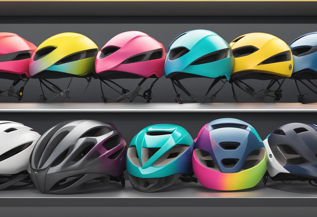 A group of colorful women's road bike helmets lined up neatly on a shelf, with sleek and aerodynamic designs