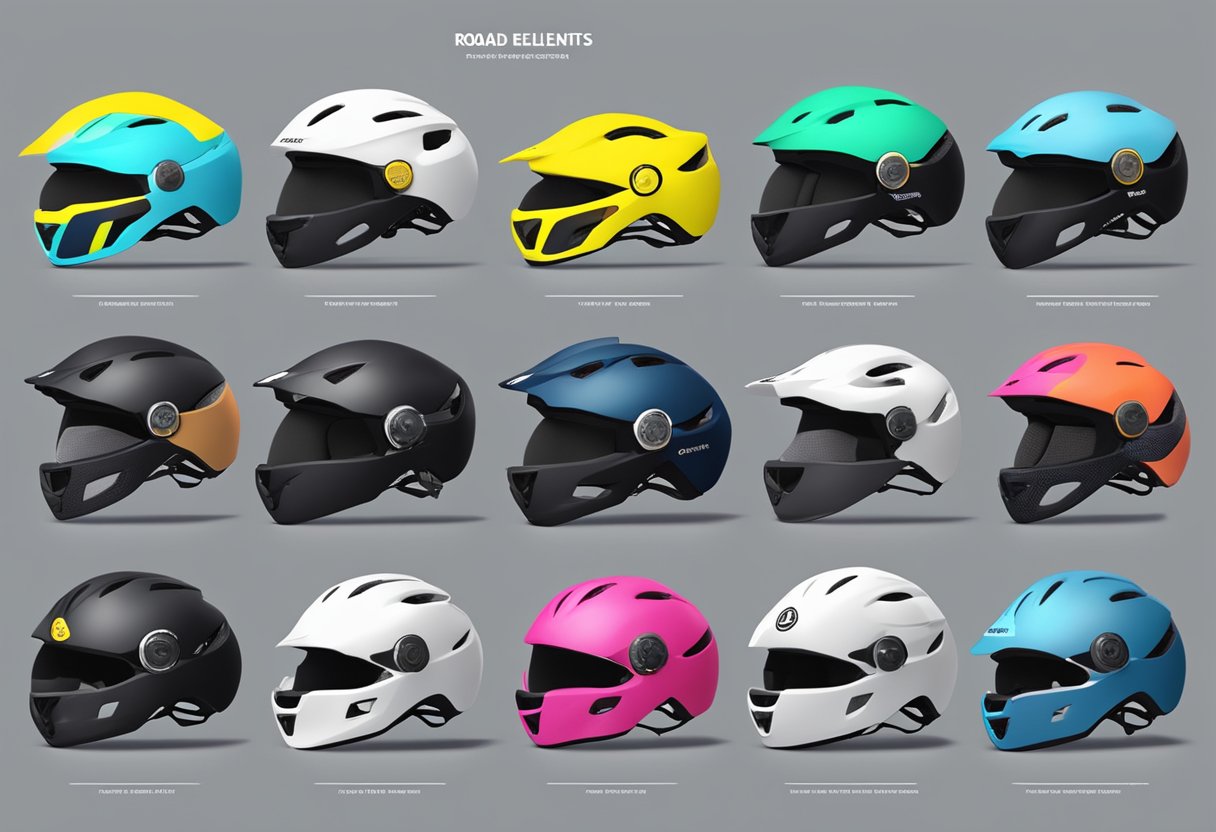 A display of various womens road bike helmets with safety standards and certifications labels visible