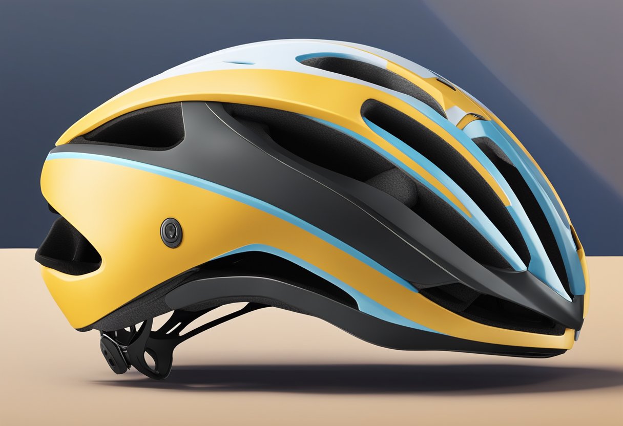 A women's road bike helmet sits on a sleek, aerodynamic bike seat, with ventilation holes and a secure chin strap