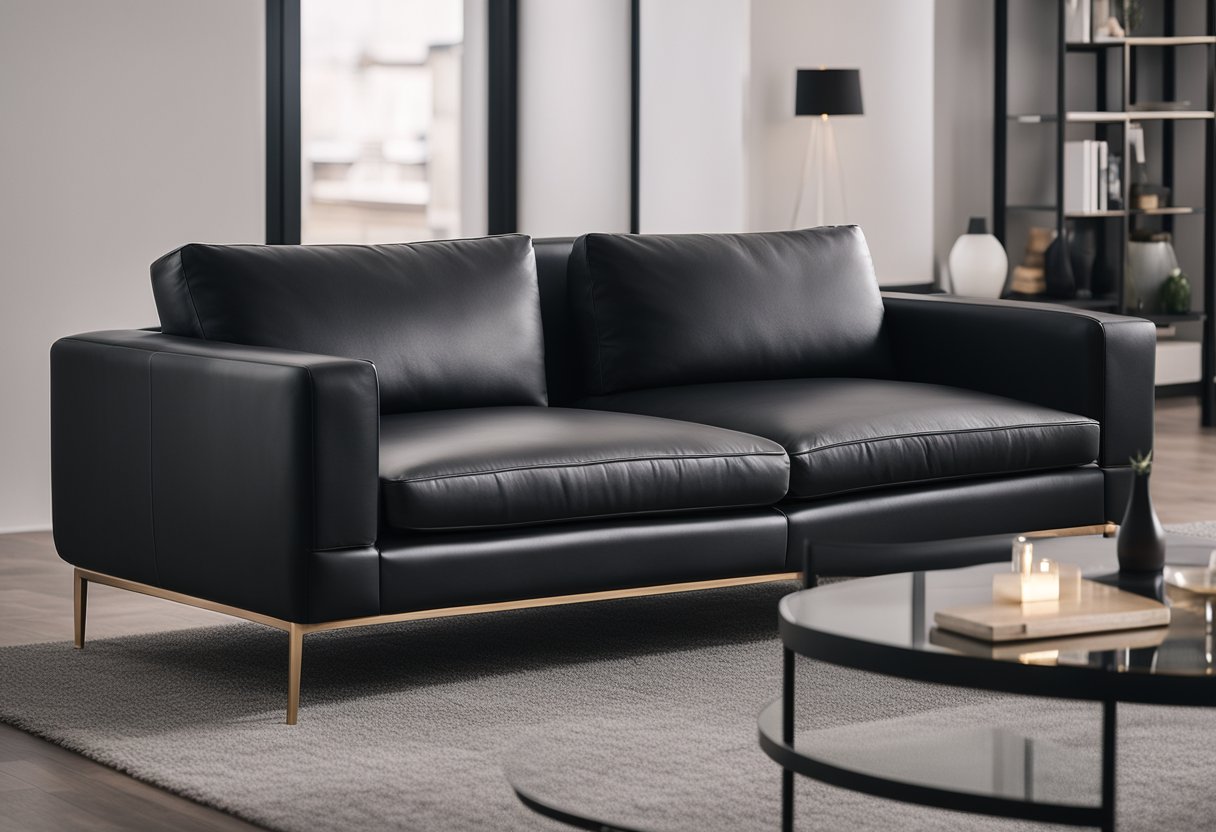 A black leather sofa sits in a modern living room, surrounded by sleek, minimalist furniture and soft, neutral tones