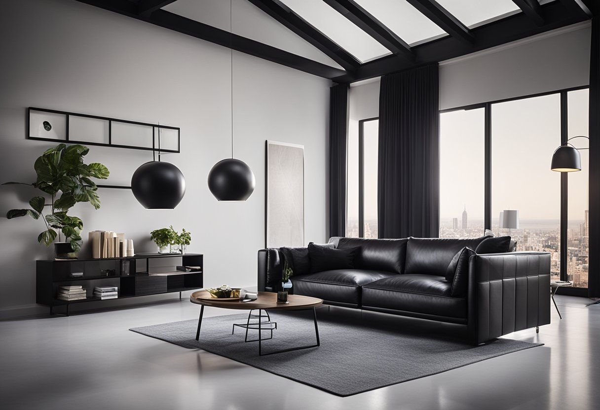 A black leather sofa sits in a modern living room with sleek, minimalistic decor and a pop of color from accent pillows