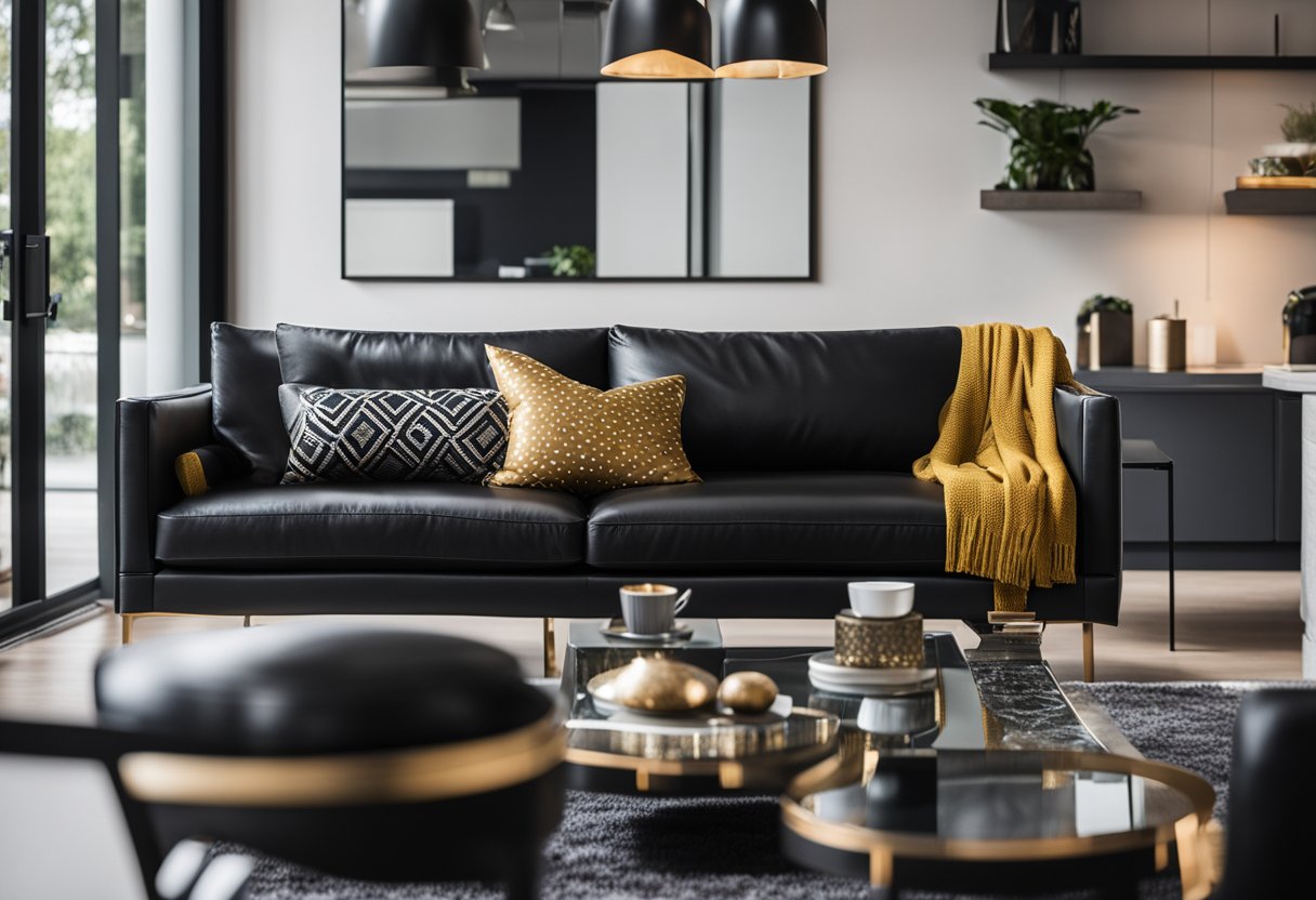 A black leather sofa sits in a modern living room, accented with metallic decor and a pop of color from throw pillows