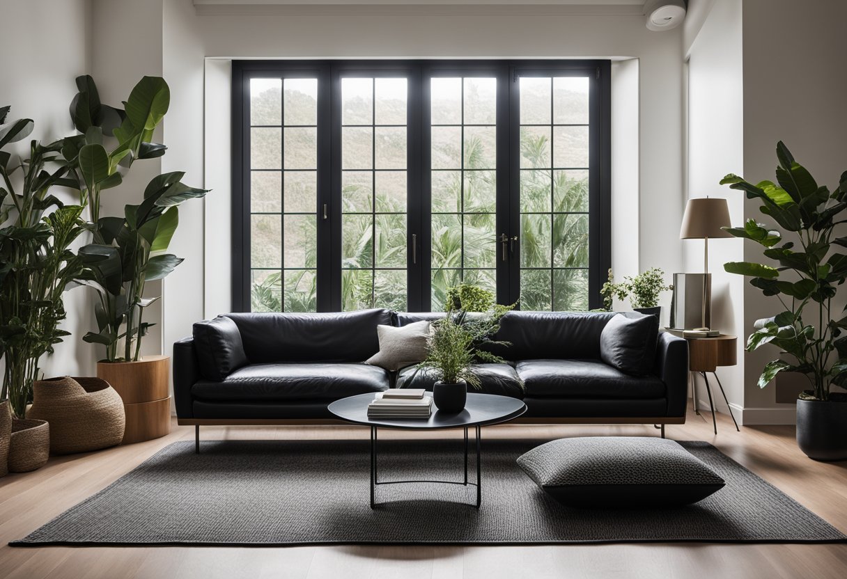 A modern living room with a sleek black leather sofa, a low coffee table, and a large rug. The room is well-lit with natural light from the windows, and there are minimalistic decor and plants scattered around