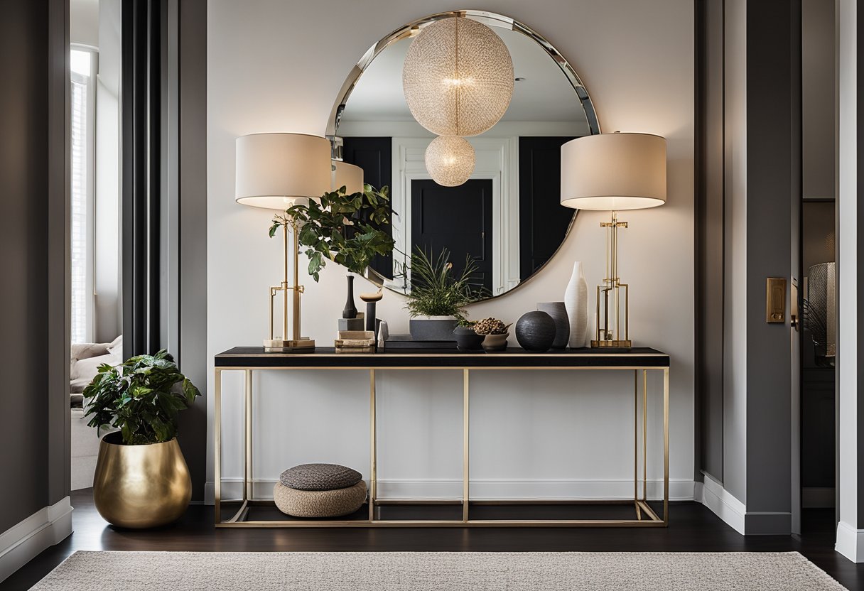 A modern living room entry with a sleek console table, large mirror, and a statement light fixture. The walls are adorned with abstract art and there is a cozy rug on the floor