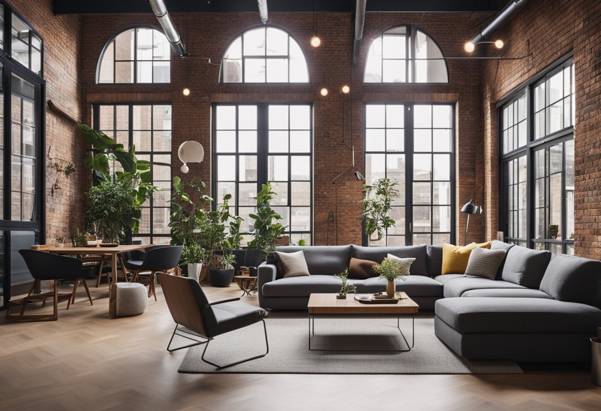 A modern living room loft with high ceilings, large windows, exposed brick walls, and contemporary furniture arranged in a cozy and stylish manner