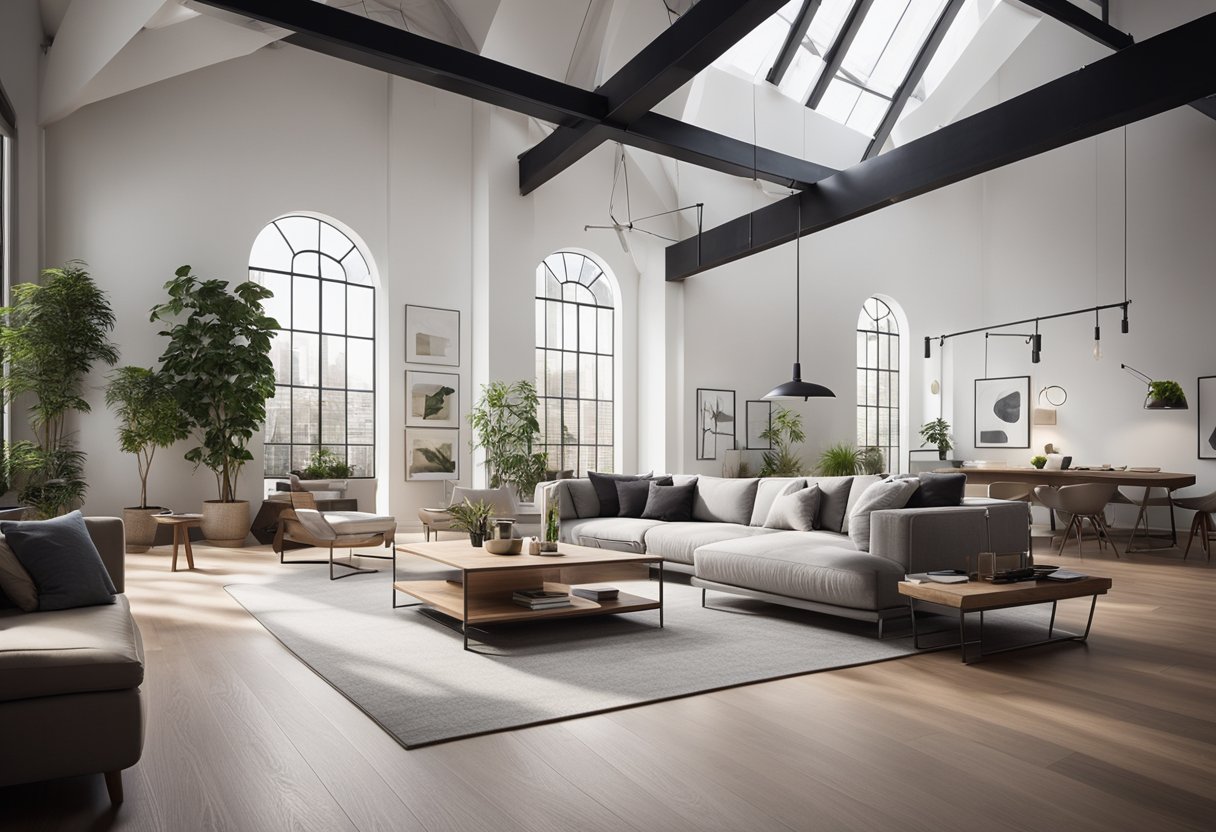 A spacious, modern living room loft with high ceilings, large windows, and minimalist furniture arranged in a cozy and inviting layout