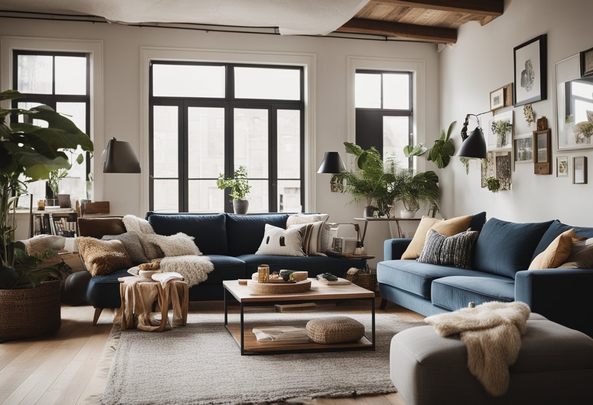 A cozy loft living room with a mix of modern and vintage furniture, adorned with personal touches like family photos, unique artwork, and decorative pillows