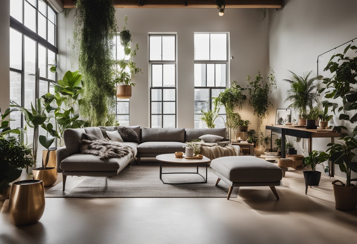A cozy living room loft with modern furniture, large windows, and a high ceiling. The space is well-lit with natural light, and there are plants and art pieces scattered throughout the room