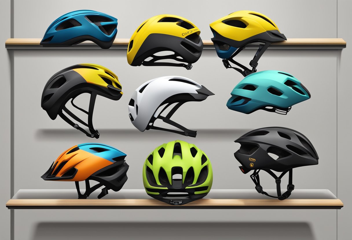 Several road bike helmets for adults are displayed on a shelf, varying in color and design