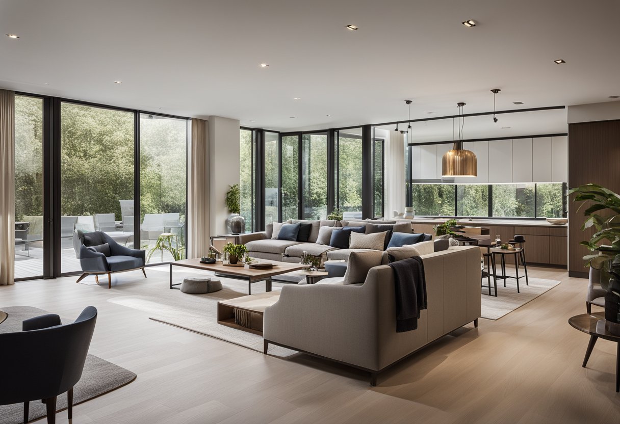 A spacious living room flows into a modern dining area. Large windows let in natural light, highlighting the sleek furniture and stylish decor