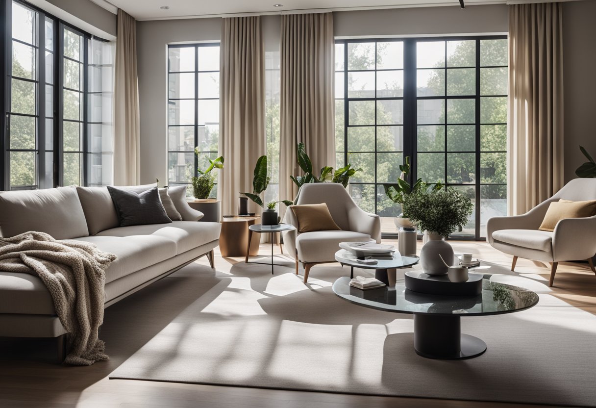 A spacious living room with a cozy sofa and coffee table opens up to a stylish dining area with a sleek table and modern chairs. Large windows let in natural light, and the rooms are connected by a seamless flow of design elements
