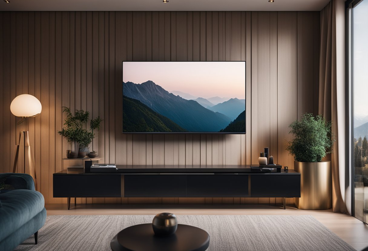 A sleek, modern TV is mounted on a textured feature wall in a cozy living room