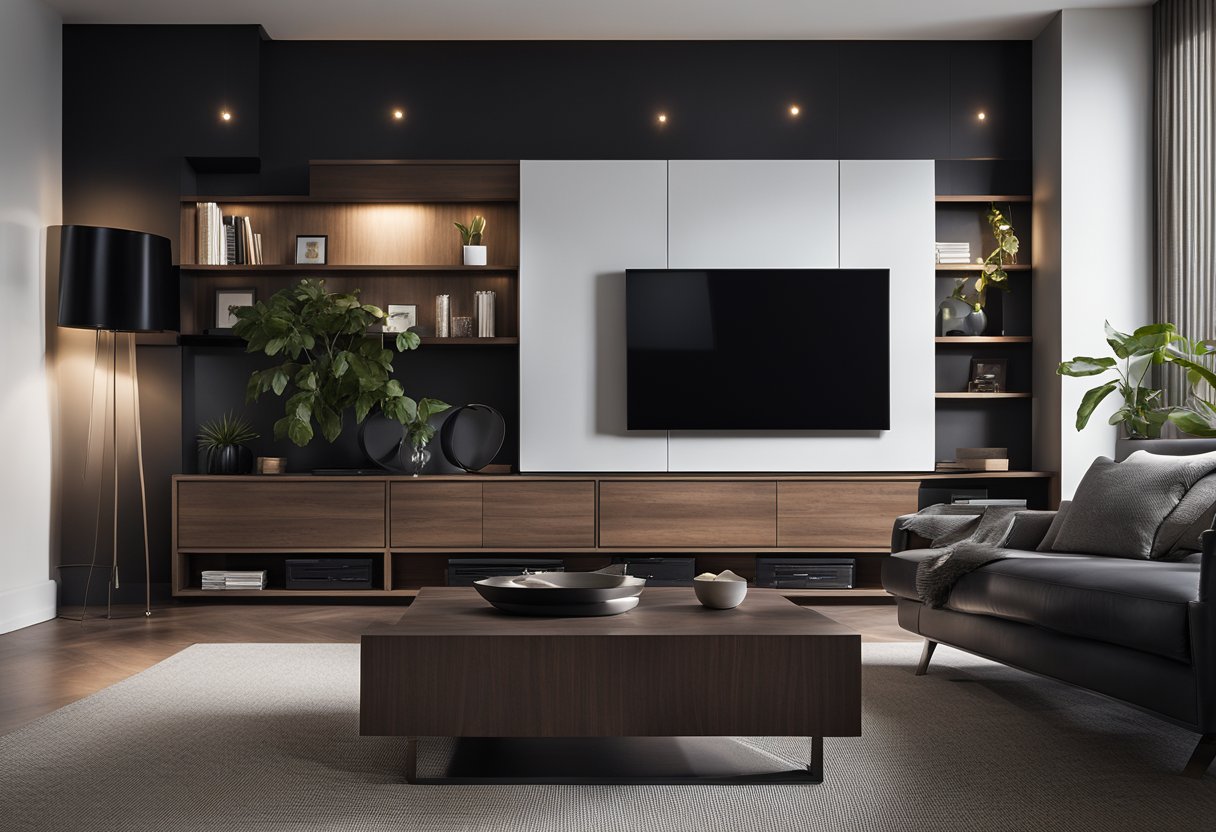 A sleek, modern living room with a large flat-screen TV mounted on a dark wood feature wall. The wall is adorned with minimalist shelves and integrated lighting, creating a stylish and functional focal point for the room