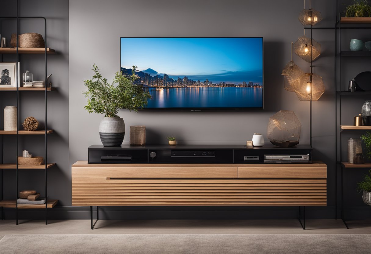 A sleek TV is mounted on a bold, textured feature wall, surrounded by modern floating shelves and stylish decor