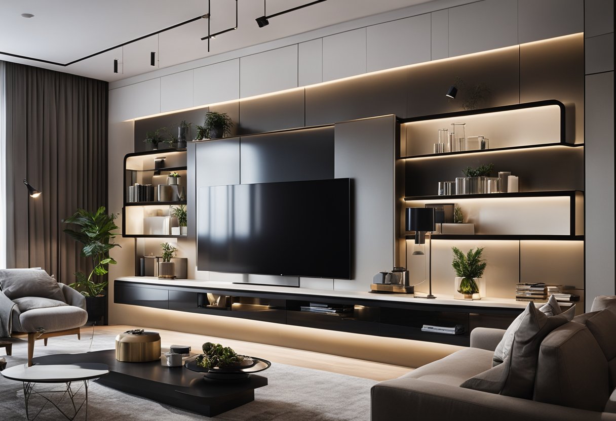 A modern living room with a sleek TV feature wall, adorned with minimalist shelves and integrated lighting