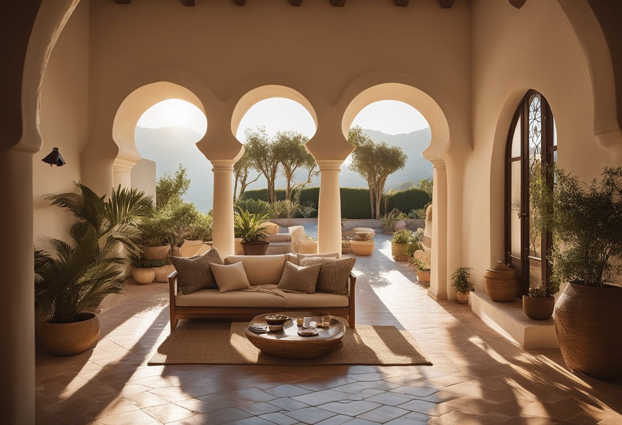 A cozy Mediterranean living room with arched doorways, tiled floors, earthy color palette, and wooden furniture. Sunlight streams in through sheer curtains, casting a warm glow on the space