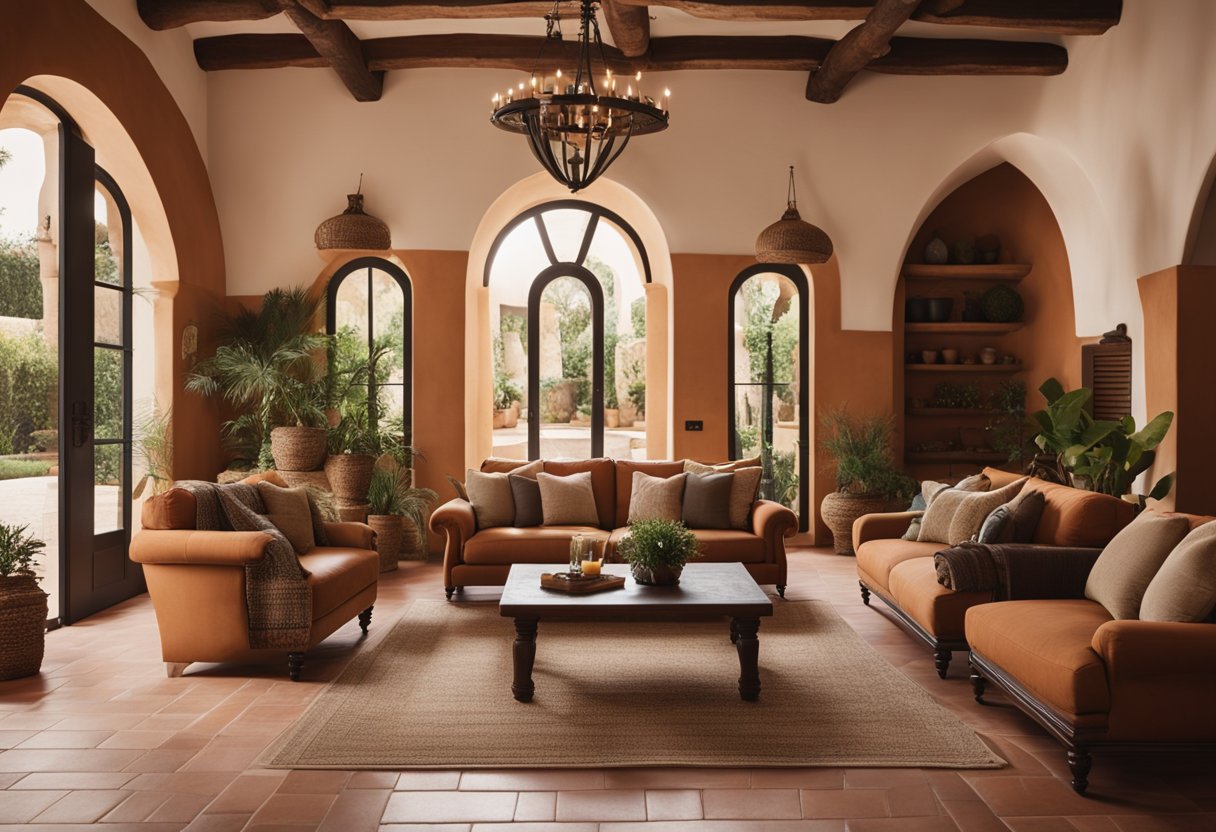 A Mediterranean living room with arched doorways, terracotta floors, wrought iron accents, and earthy color palette. A large fireplace and cozy seating area complete the inviting atmosphere
