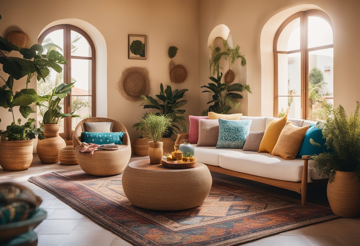 A sun-drenched Mediterranean living room with warm lighting, adorned with colorful throw pillows, woven rugs, and vibrant ceramic vases