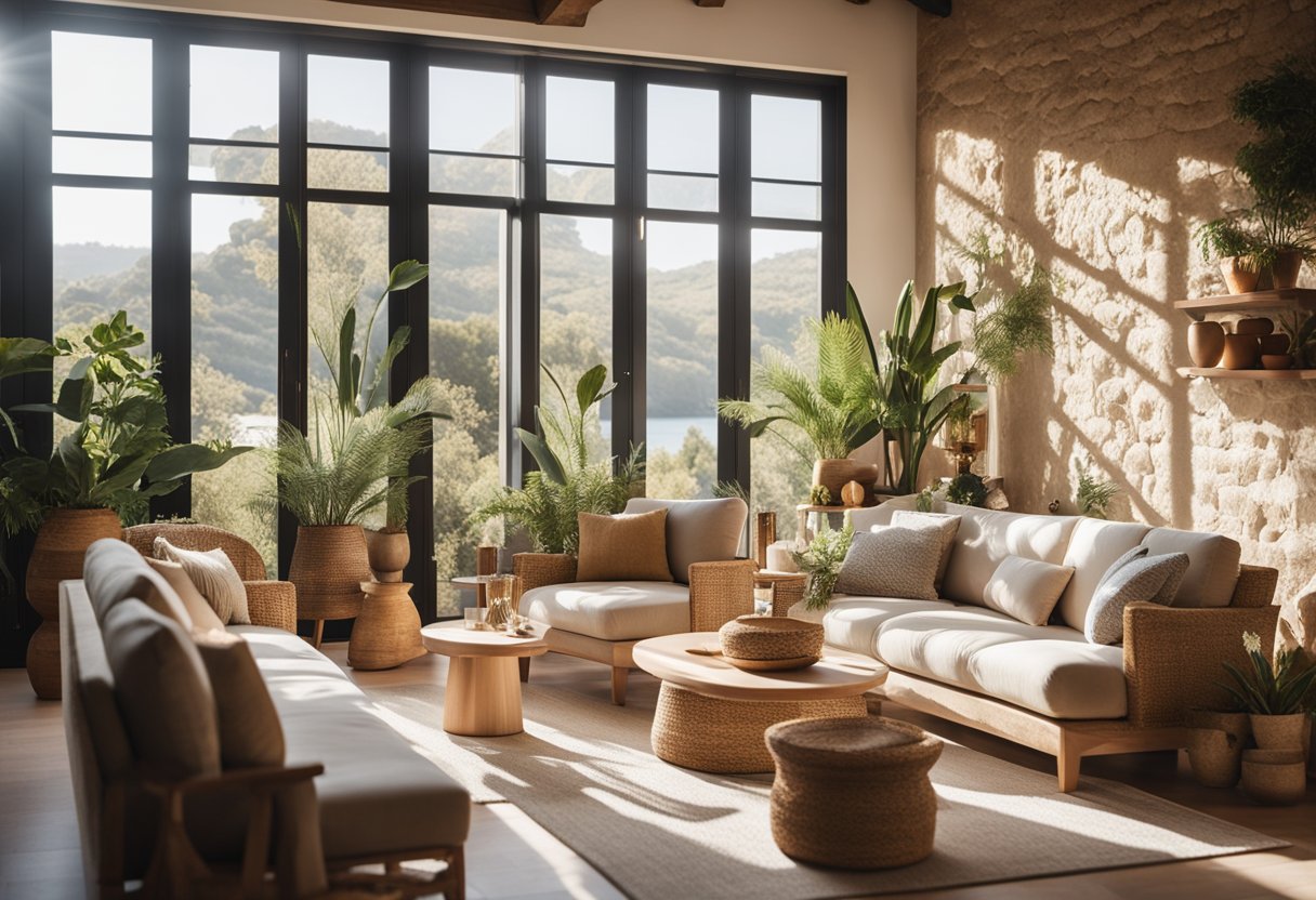A bright, airy living room with earthy tones, natural materials, and Mediterranean-inspired decor. Sunlight streams through large windows, highlighting the cozy seating area and rustic accents
