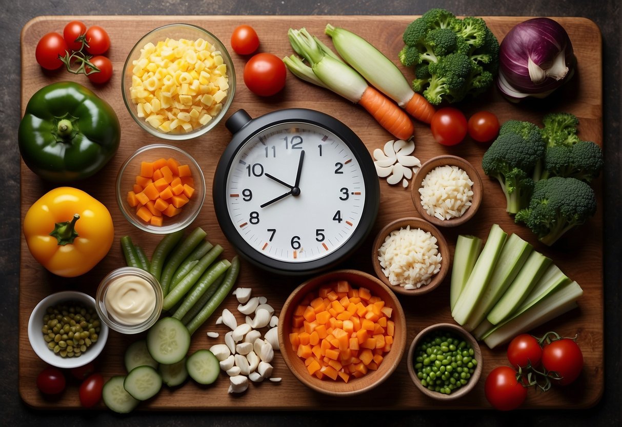 Fresh ingredients arranged neatly, cutting board with diced vegetables, organized containers filled with prepped meals, a timer set for efficiency