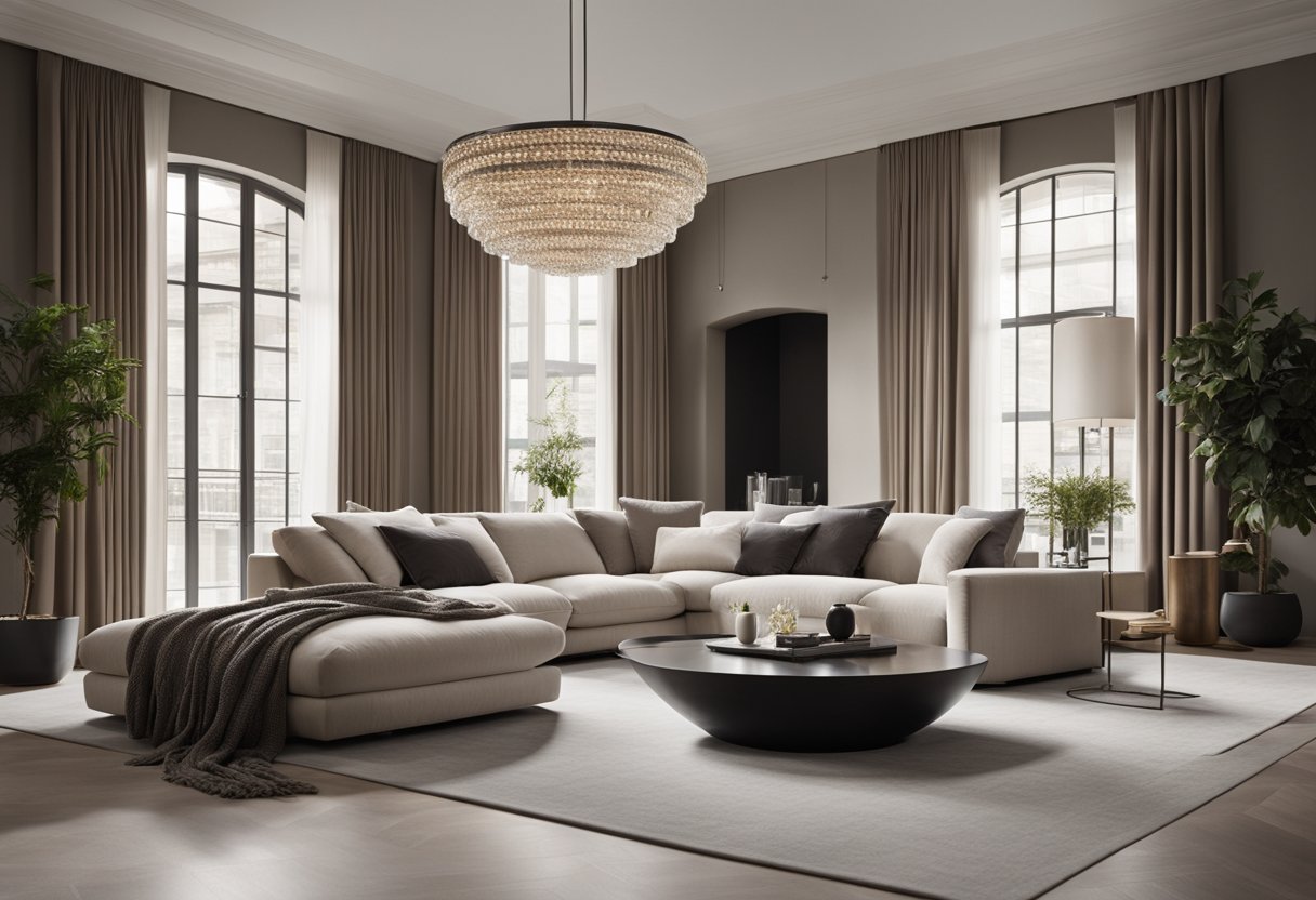 A sleek, minimalist living room with clean lines, neutral colors, and luxurious textures. A large, plush sofa sits opposite a sleek fireplace, with a statement chandelier overhead