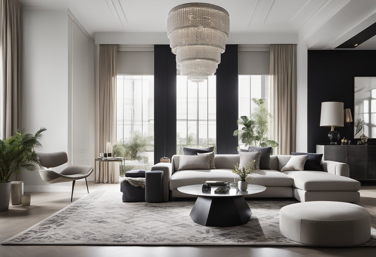 A sleek, minimalistic living room with a monochromatic color scheme, featuring a plush, geometric-patterned rug, a marble-topped coffee table, and a statement chandelier hanging from the ceiling