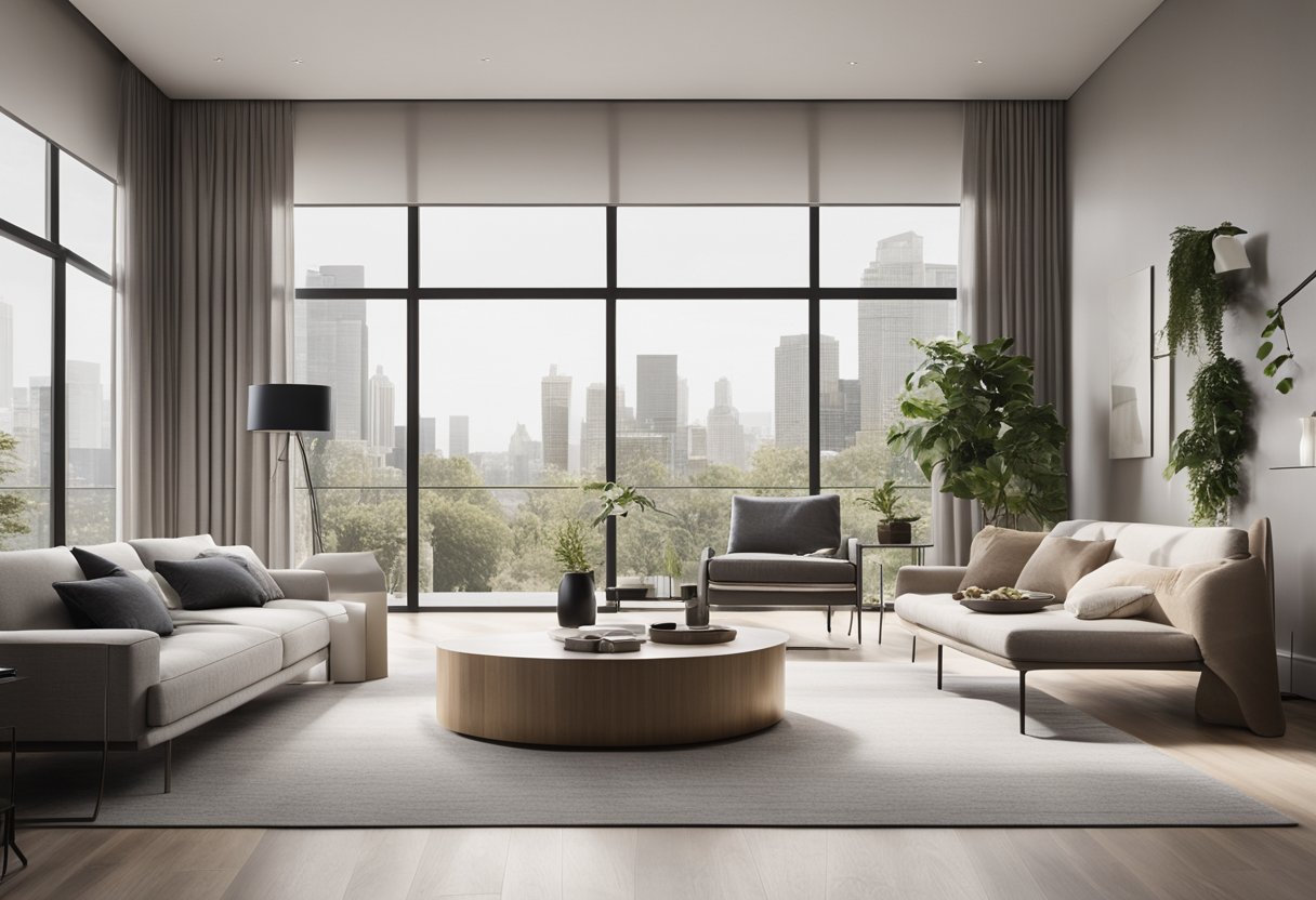 A sleek, minimalist living room with clean lines, neutral colors, and modern furniture. Large windows allow natural light to fill the space, creating a bright and airy atmosphere